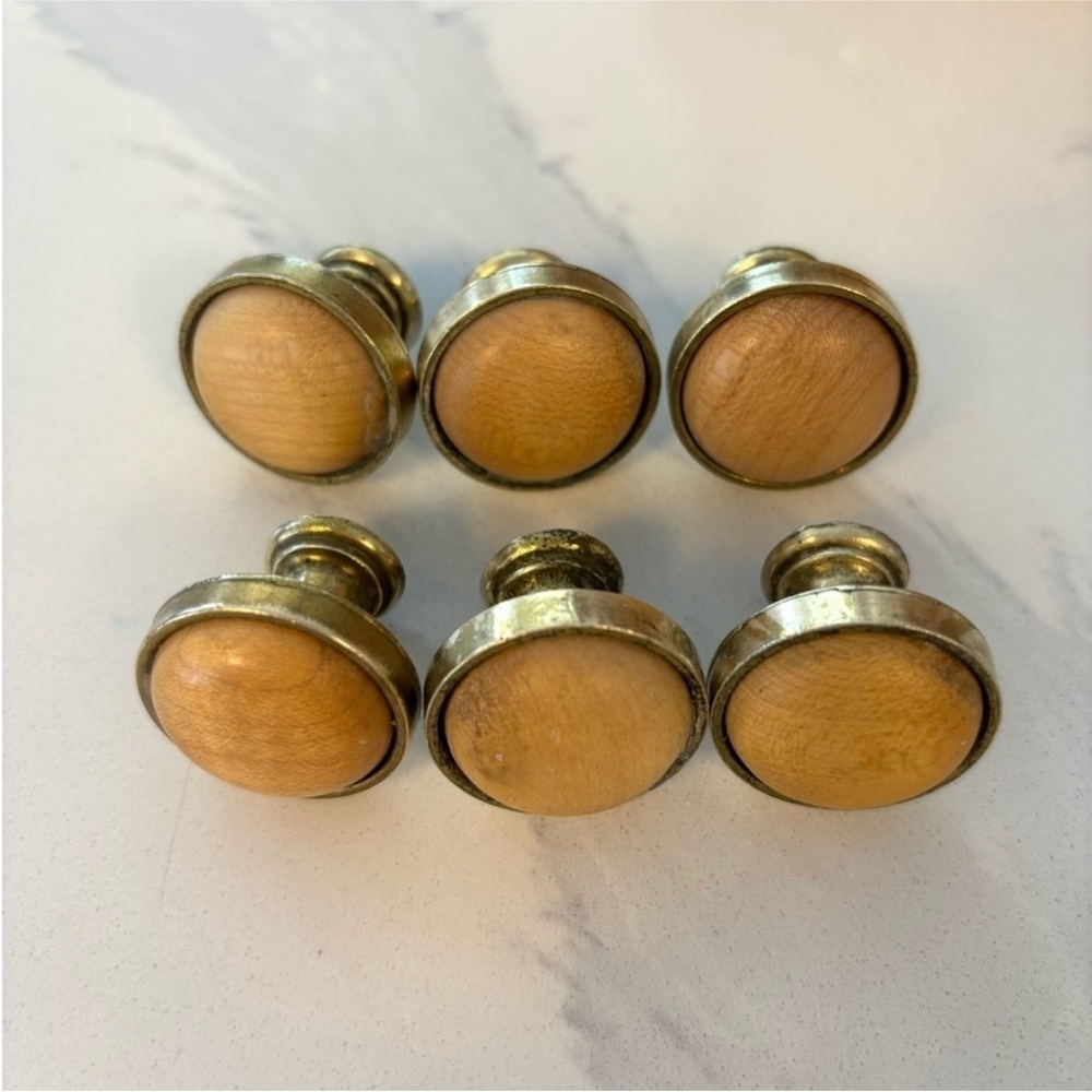 SET of SIX brass and wood drawer knobs pulls round handles brass wood inset knob - Picture 2 of 12